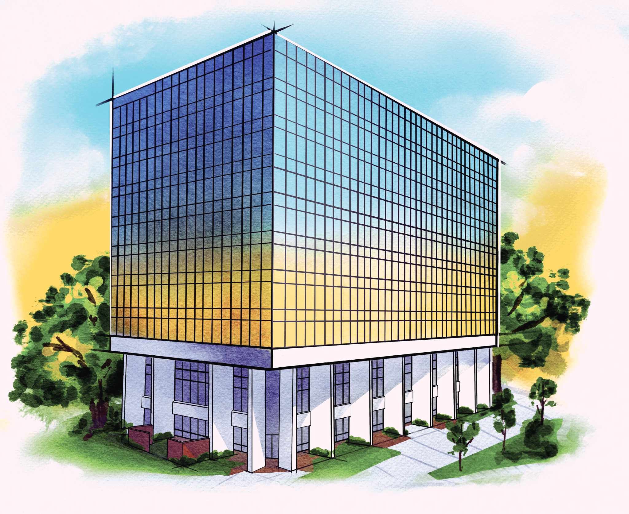 An architect's rendering of a glass office building surrounded by pathways and trees.