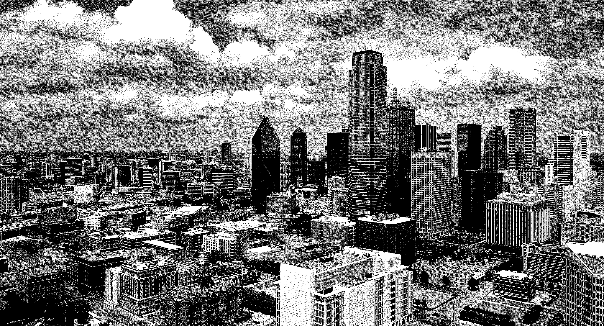 The Dallas skyline showing the Central Business District in the background beneath a cloudy sky, and the George L. Allen, Sr. Courts Building, housing the Dallas District Courts, in the foreground, as well as the Old Red Courthouse, now home to the Fifth District Texas Court of Appeals.