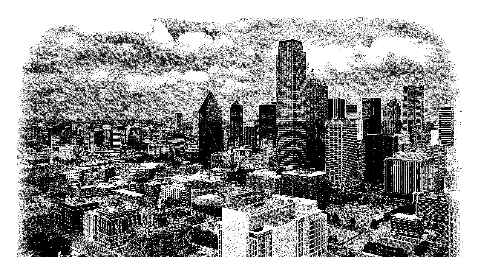 The Dallas skyline showing the Central Business District in the background beneath a cloudy sky, and the George L. Allen, Sr. Courts Building, housing the Dallas District Courts, in the foreground, as well as the Old Red Courthouse, now home to the Fifth District Texas Court of Appeals